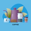 Coffee composition of coffee pots, cups of coffee, cake and plant leaves.