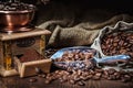 Coffee composition sack scoop and mill with beans Royalty Free Stock Photo