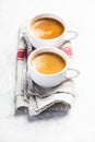 Coffee composition on white marble table