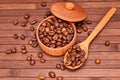 Coffee composition on a wooden background. Grains of coffee in a wooden jar. Lattice coffee beans close-up on a wooden surface. Co