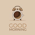 Coffee concept. Coffee and alarm clock poster. Flat style, vector illustration. Royalty Free Stock Photo