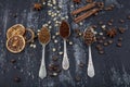 Coffee concept. Top view of three different varieties of coffee beans on dark vintage background Royalty Free Stock Photo