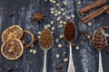 Coffee concept. Top view of three different varieties of coffee beans on dark vintage background