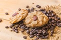 Coffee cookie with almond nut with coffee bean. Royalty Free Stock Photo