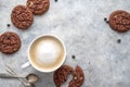 Coffee and cookies. Oat, healthy cookies and coffee cup with milk foam, breakfast concept. Copy space Royalty Free Stock Photo