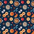 Coffee and cookies watercolor illustrations. Christmas sweets and hot drinks, seamless pattern