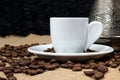 Coffee copper and white cup. Greek coffee with water and coffee pot. Turkish coffee and beans. Royalty Free Stock Photo