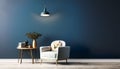 a coffee corner with a white armchair, a wooden table, a chandelier and a blue wall