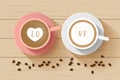 Coffee couple cup top view, latte lover hearts on top and coffee