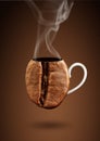 Coffee creative concept, grain as cup of coffee with steam