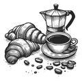 Coffee Croissant Breakfast Engraving sketch raster