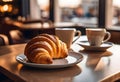 breakfast with coffee and croissant, restaurant and bokeh