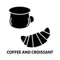 coffee and croissant icon, black vector sign with editable strokes, concept illustration Royalty Free Stock Photo