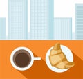 Coffee, croissant, morning, Breakfast, city, colour illustrations.