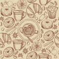Coffee and croissant seamless pattern background vector.