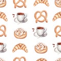Coffee,croissant, tze cinnamon bun and Pretzel illustrations. Seamless watercolor pastry pattern.