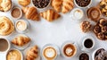 Coffee, croissants and pastries create a frame on a white background Royalty Free Stock Photo