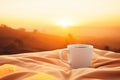 Coffee cup amidst the mesmerizing beauty of a serene sunrise landscape. Tranquil morning bliss