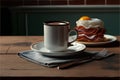 Coffee cup with bacon and egg on a wooden table.