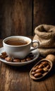 Coffee cup with coffee bag on wooden table. Cup of black coffee and coffee beans on old wooden. Cup of coffee with smoke and Royalty Free Stock Photo