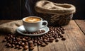 Coffee cup with coffee bag on wooden table. Cup of coffee latte with heart shape and coffee beans on old wooden. Cup of coffee Royalty Free Stock Photo