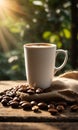 Coffee cup with coffee bag on wooden table. Cup of coffee latte with heart shape and coffee beans on old wooden. Cup of coffee Royalty Free Stock Photo