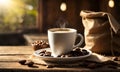 Coffee cup with coffee bag on wooden table. Cup of coffee latte with heart shape and coffee beans on old wooden. Cup of coffee Royalty Free Stock Photo