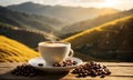 Coffee cup with coffee bag on wooden table. Cup of coffee latte with heart shape and coffee beans on old wooden. Cup of coffee Royalty Free Stock Photo