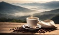 Coffee cup with coffee bag on wooden table. Cup of coffee latte with heart shape and coffee beans on old wooden. Cup of coffee Royalty Free Stock Photo