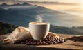 Coffee cup with coffee bag on wooden table. Cup of coffee latte with heart shape and coffee beans on old wooden. Cup of coffee Royalty Free Stock Photo