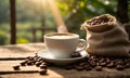 Coffee cup with coffee bag on wooden table. Cup of coffee latte with heart shape and coffee beans on old wooden. Cup of coffee Royalty Free Stock Photo