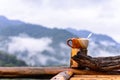 Coffee cup on bamboo coaster and wooden balcony with mountain view Royalty Free Stock Photo