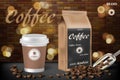 Coffee cup with beans ads. 3d illustration of hot arabica coffee. Product paper bag package design with brick background