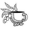 Coffee cup with beans in black line graphic for emblem or logo design vector isolated. Royalty Free Stock Photo
