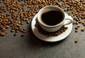 Coffee cup and beans with bright light on black rustic vintage table,Sparkling Coffee concept background.