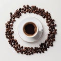 Coffee cup and beans circle on white Royalty Free Stock Photo