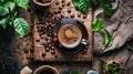 Coffee cup with beans and green leaves on a rustic wooden table Royalty Free Stock Photo