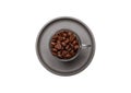 Coffee cup and beans isolated cutout on white color background, top view Royalty Free Stock Photo