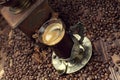 Coffee cup and beans, old coffee grinder Royalty Free Stock Photo