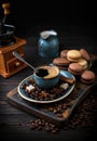 Coffee Cup and coffee beans on an old kitchen table, wooden background, rustic, old Board, cinnamon, star anise, macaroni,coffee Royalty Free Stock Photo