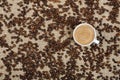 Coffee cup and beans on sacking background Royalty Free Stock Photo