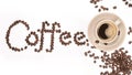 Coffee cup and Coffee beans spread with Font the word made of coffee beans isolated On a white background Royalty Free Stock Photo