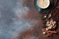 Coffee cup, beans, sugar and spices Royalty Free Stock Photo