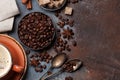 Coffee cup, beans, sugar and spices Royalty Free Stock Photo