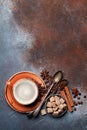 Coffee cup, beans, sugar and spices Royalty Free Stock Photo