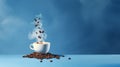 A coffee cup, with coffee beans suspended above, creating a captivating and mesmerizing composition