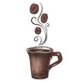 Coffee cup with coffee beans. Vector illustration in engraving style