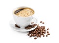 Coffee cup and beans on a white background