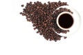 Coffee cup and beans on a white background,Top view of a cup of coffee and a pile of coffee beans Royalty Free Stock Photo