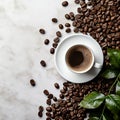 Coffee cup and coffee beans on white background. Top view. Cup of coffee on white table with brown beans, coffee drink